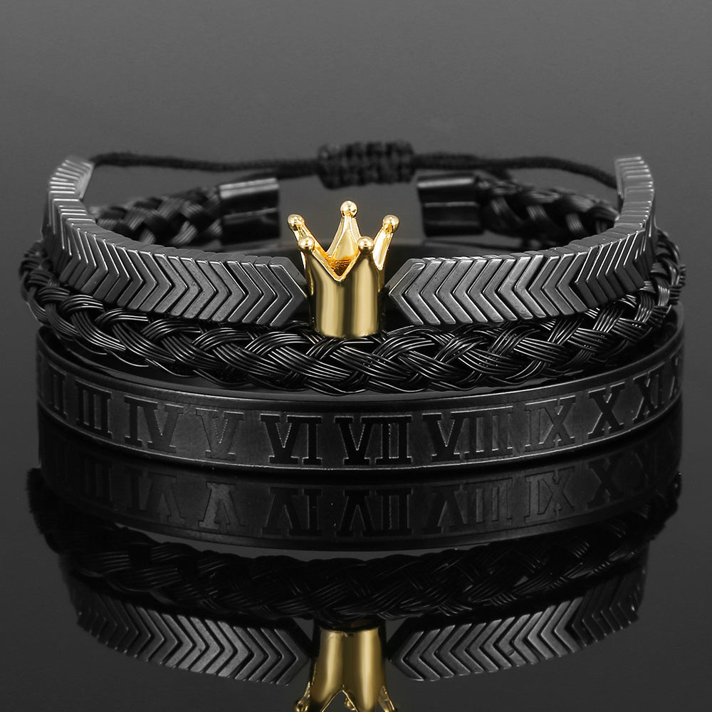 Vintage Crown Geometric Micro-inlay Stainless Steel Mesh Open Cuff Bracelet Set for Unisex