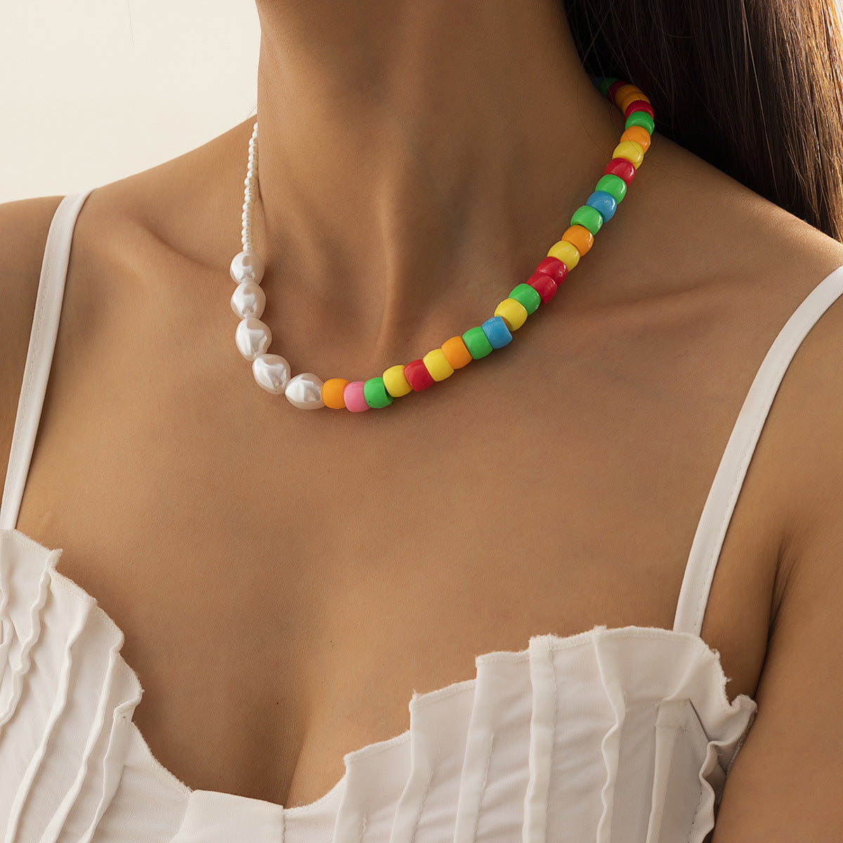 Minimalist Asymmetrical Geometric Resin Clavicle Necklace with Colorful Beads for Women