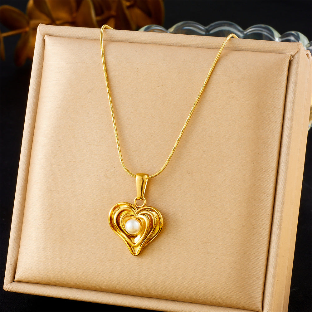 Minimalist Gold Plated Irregular Heart Pearl Pendant Stainless Steel Snake Chain Necklace for Women