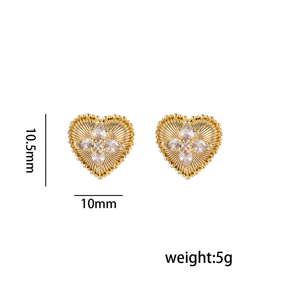 Minimalist Modern Heart-Shaped Zirconia Earrings in Copper with Gold Plating for Women