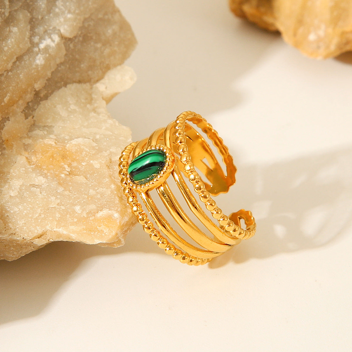 Minimalist Geometric Open Ring for Women in Titanium Steel with Electroplated Finish and Natural Malachite Inlay