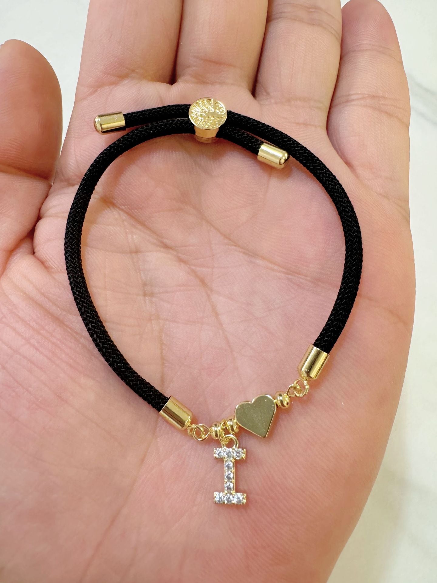 Minimalist Letter Heart Brass Plated Cubic Zirconia Bracelet with Adjustable Black Cord for Women