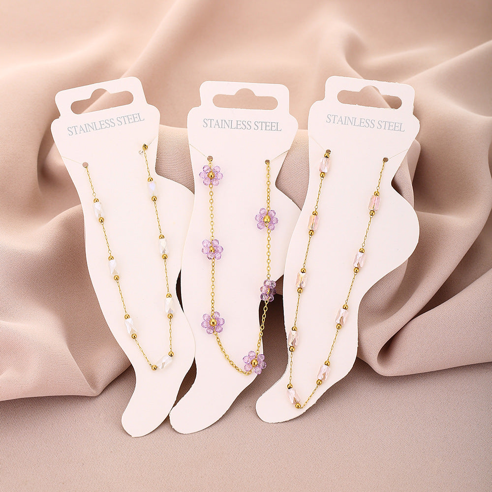 Fashion Petal-Shaped Titanium Steel Anklet for Women with Crystal Accents