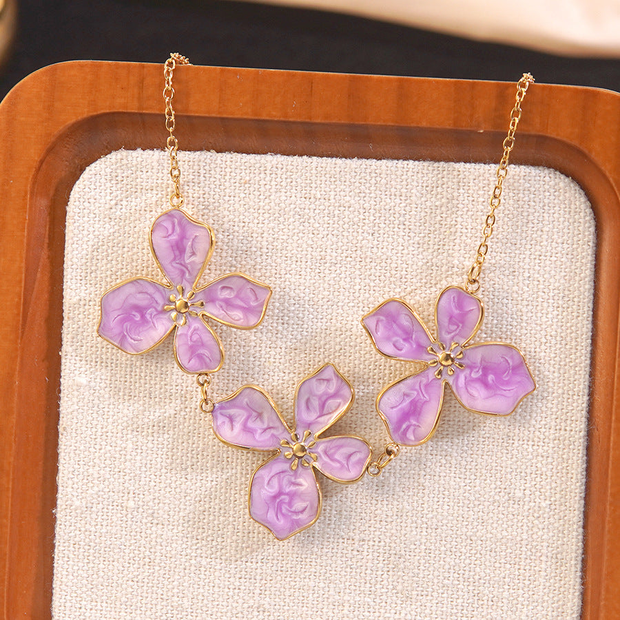 Elegant Drip Oil Floral Stainless Steel Necklace and Earring Set for Women