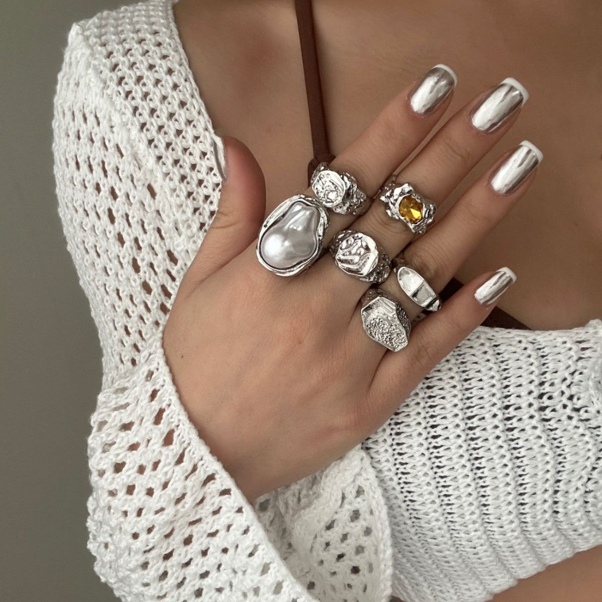 Vintage Rhinestone and Pearl Floral Alloy Ring Set