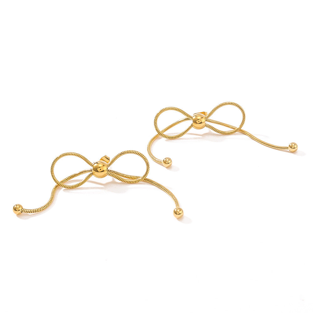 Minimalist Bow-Shaped Stainless Steel Earrings with Pull-Through Design and Tassel Details