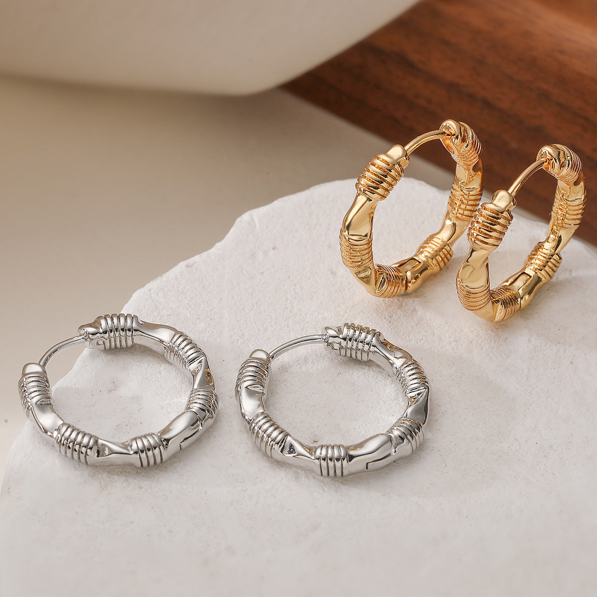Vintage 18K Gold Plated Brass Geometric Hoop Earrings for Women