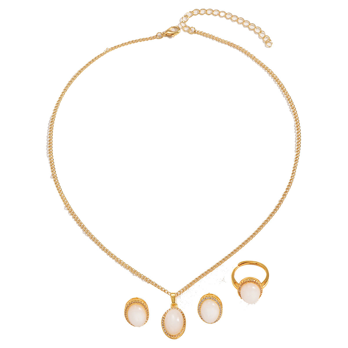 Juego de collar minimalista de cobre para mujer con colgante de corazón con incrustaciones de circonita, anillo y pendientes a juego