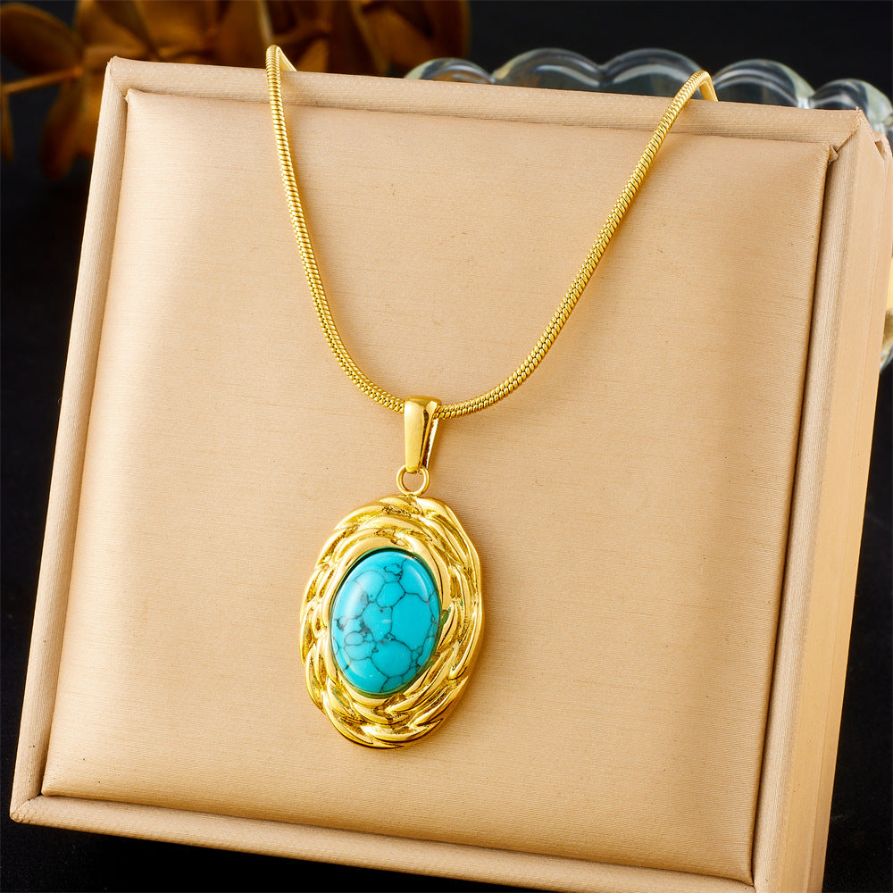 Vintage Elegant Oval Geometric Plated Stainless Steel Jewelry Set with Snake Chain for Women