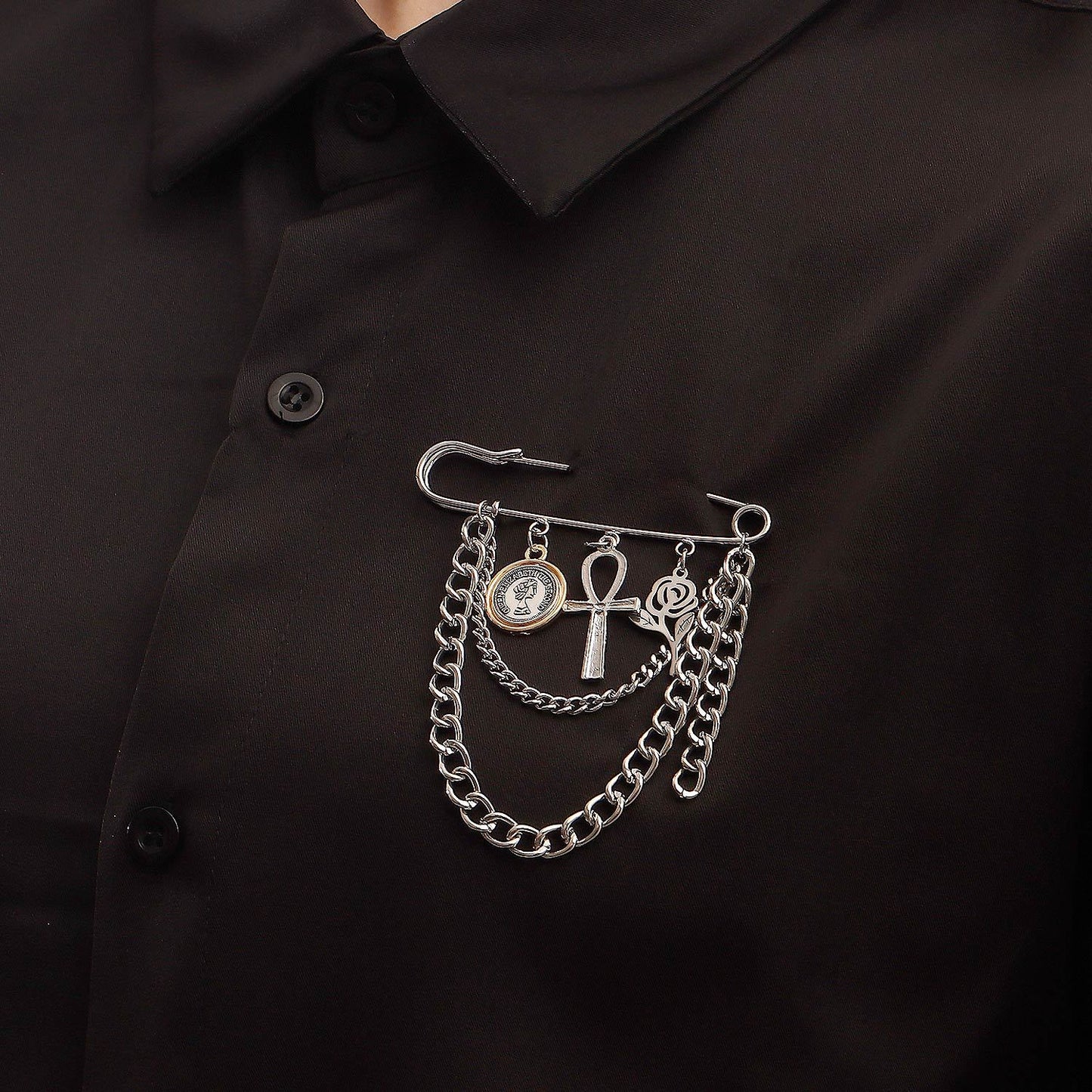 Punk Style Geometric Rose Flower Brooch with Tassel for Women Alloy Plated Decorative Pin
