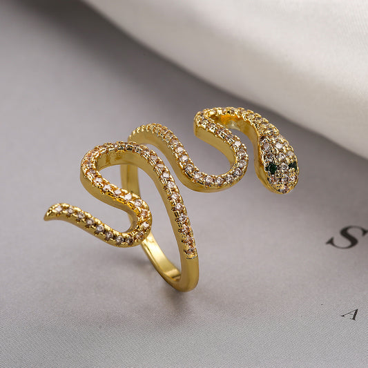 Minimalist Snake-Shaped Geometric Ring for Women in Brass with 18K Gold Plating and Micro-Paved Zircon