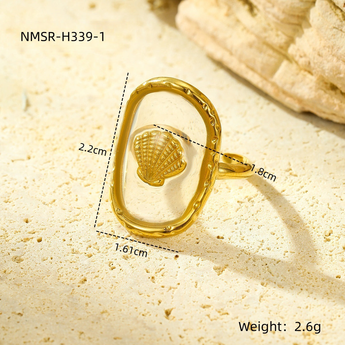 Anillo Ajustable con Temática Marina con Diseño de Estrella de Mar y Concha en Acero Inoxidable con Acabado Chapado para Mujer