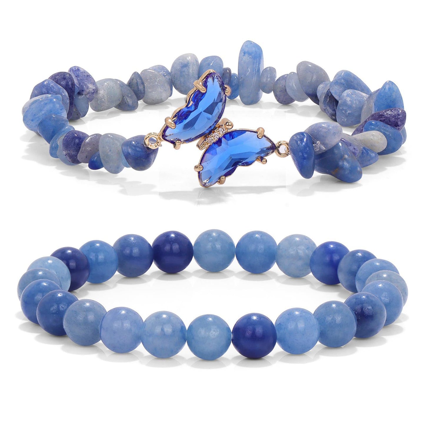 Minimalist Natural Amethyst and White Cat's Eye Crystal Chip Beaded Bracelet with Butterfly Charm for Women