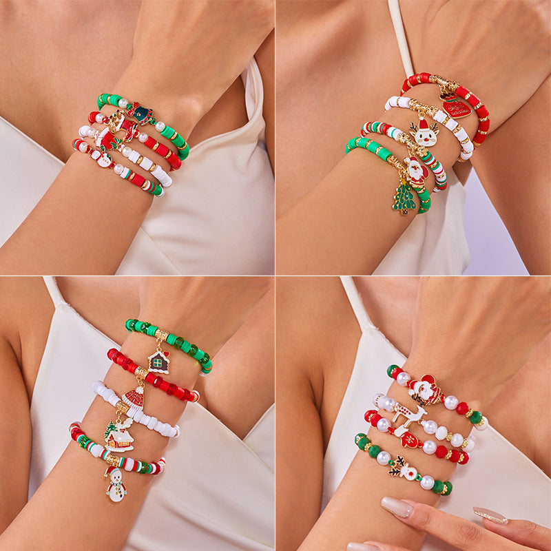 Handwoven Alloy Christmas Bracelet Set with Santa and Reindeer Charms for Women and Men, Festive Holiday Jewelry