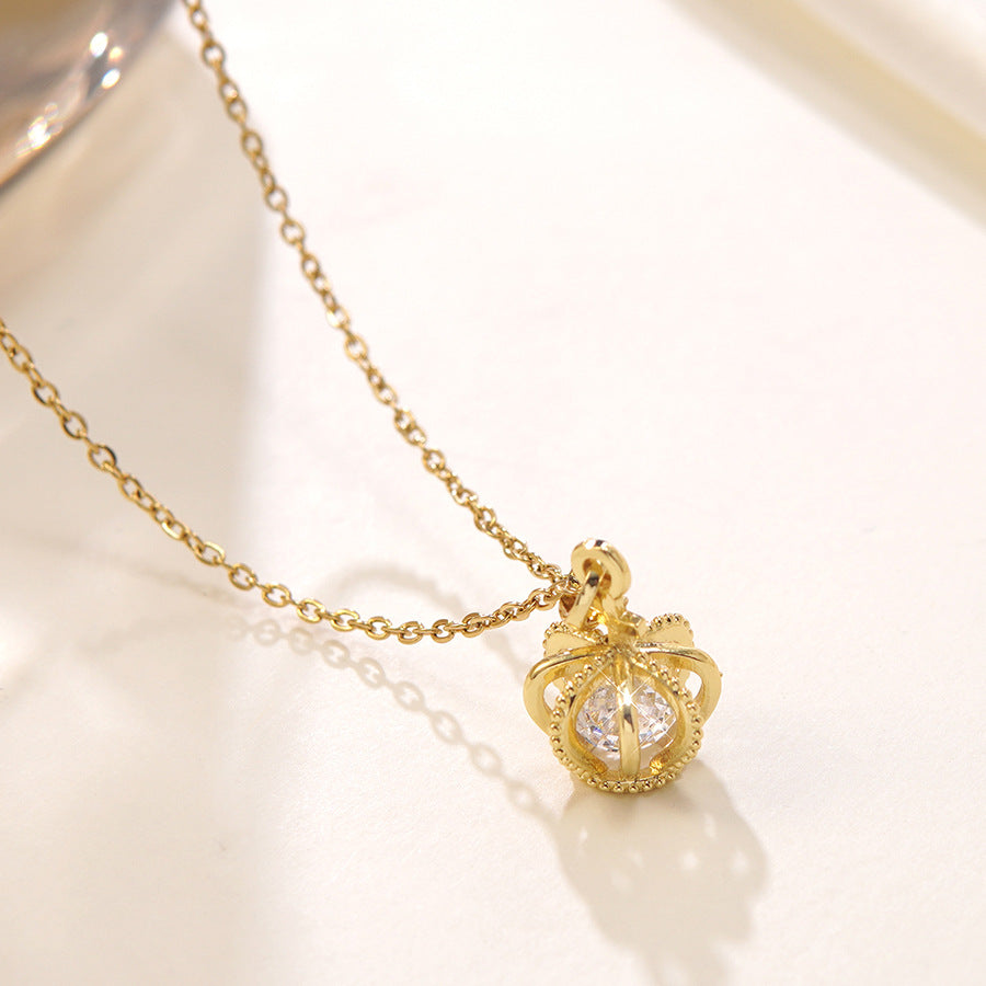 Gold Plated Stainless Steel Crown Necklace with Rhinestone for Women