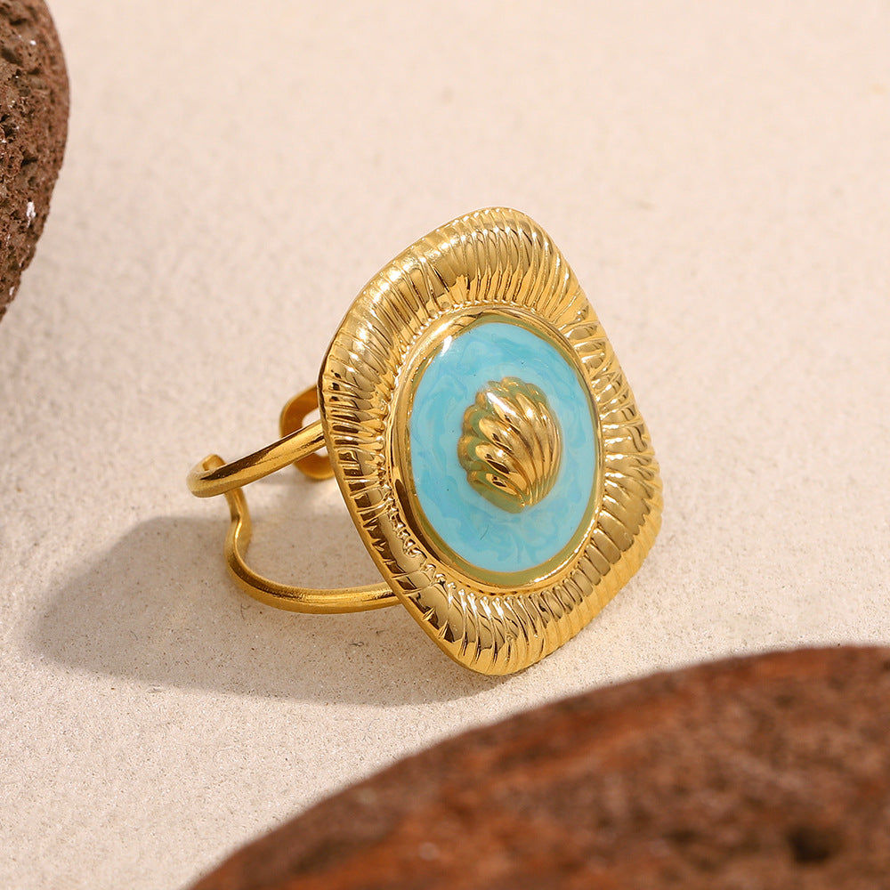 Vintage-Style Square Shell Stud Earrings and Open Ring Set in Stainless Steel with 18K Gold Plating and Enamel Finish for Women