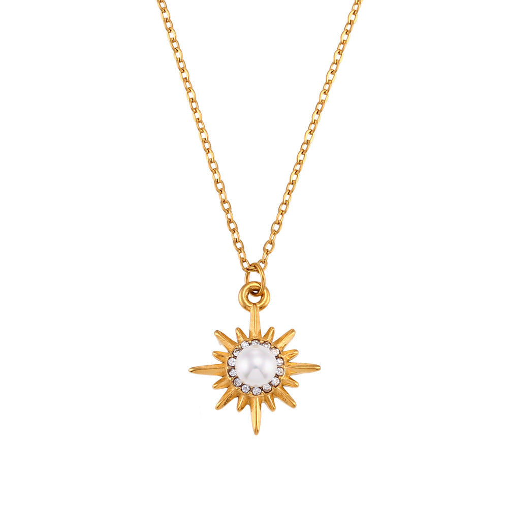 Collana con ciondolo a stella a otto punte con zirconi placcati oro 18 carati in acciaio inossidabile, stile minimalista, da donna