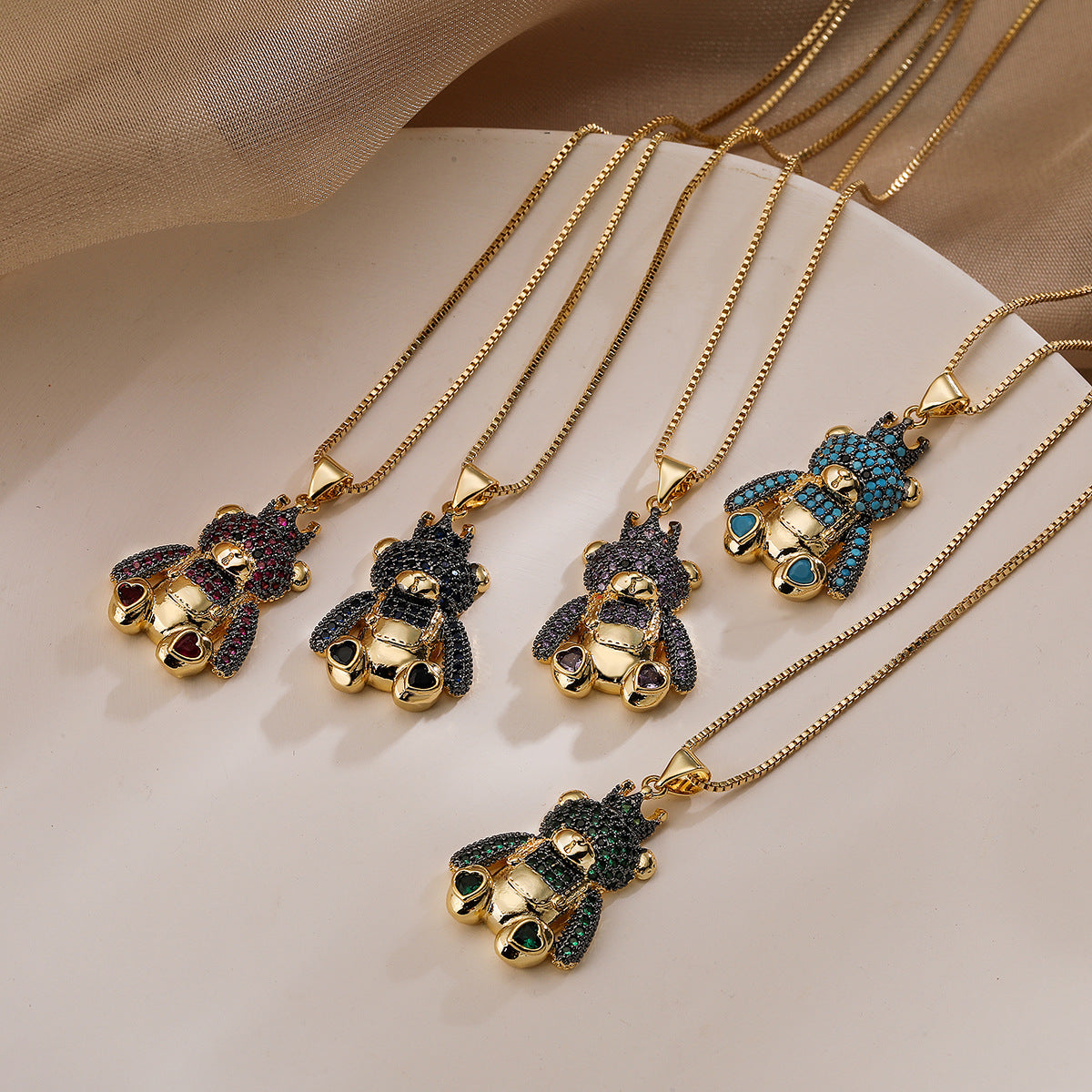 Minimalist Bear-Shaped Copper Pendant Necklace with 18K Gold Plating and Zircon Accents for Women