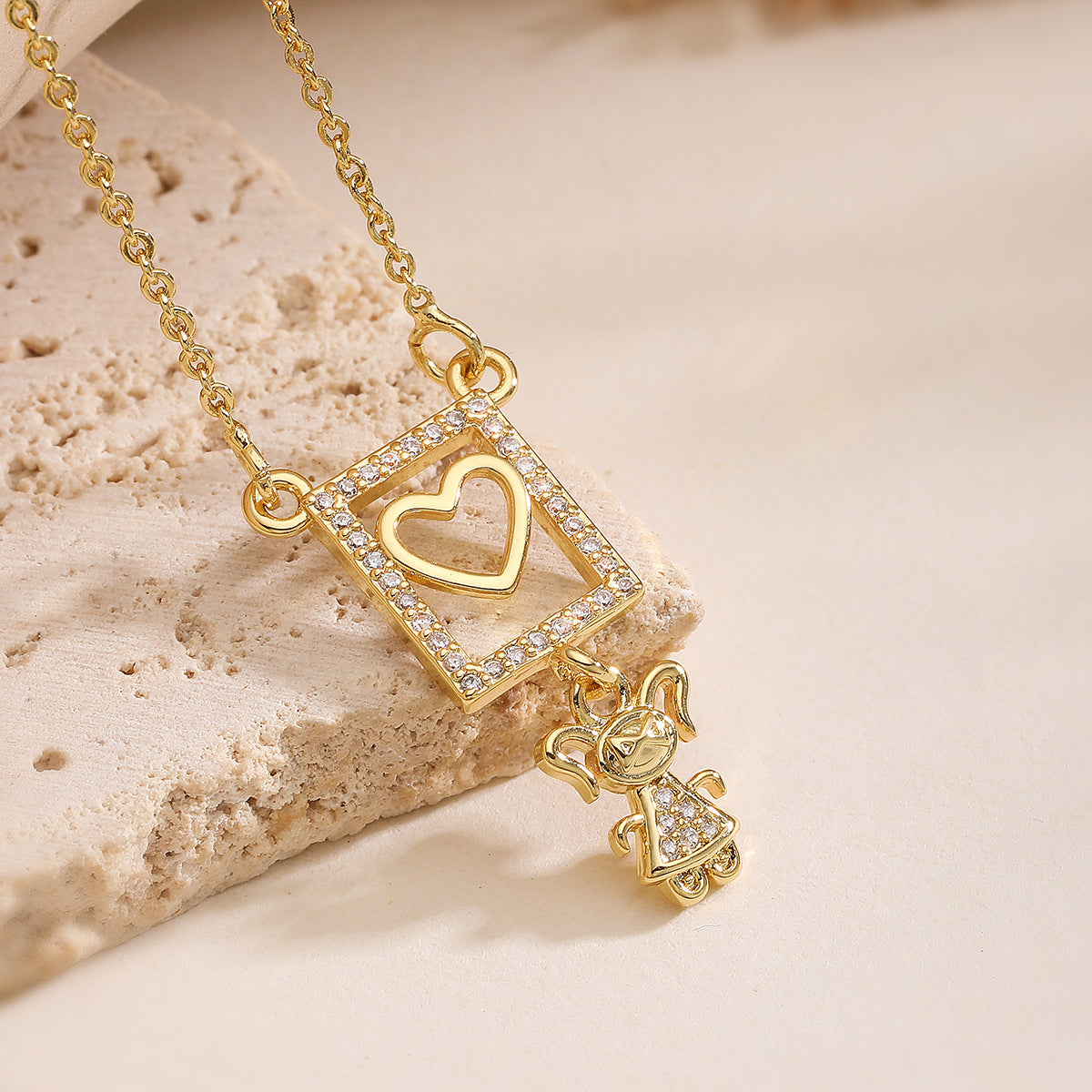 Minimalist 18K Gold Plated Brass Heart Pendant Necklace with Cubic Zirconia for Boys and Girls