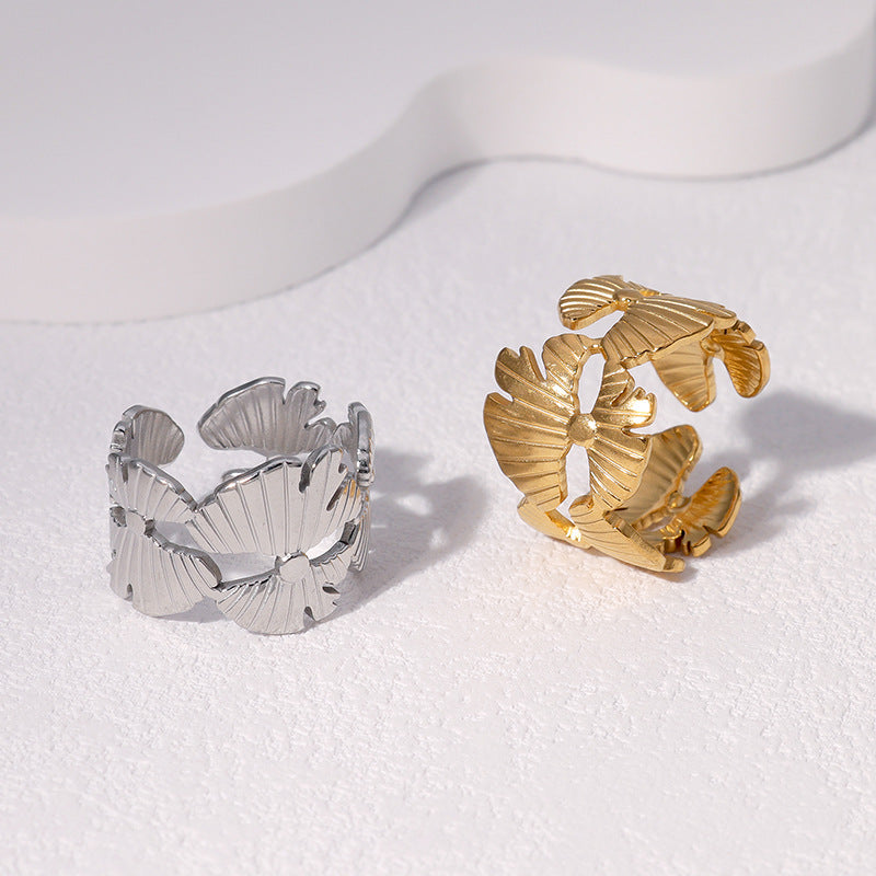 Minimalist 18K Gold Plated Stainless Steel Ginkgo Leaf Open Ring for Women