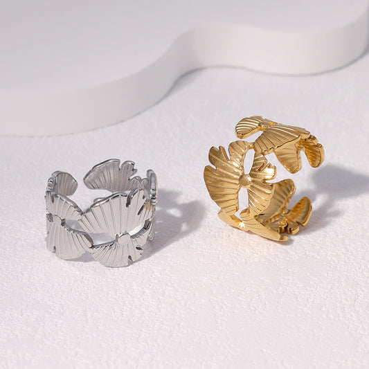 Minimalist 18K Gold Plated Stainless Steel Ginkgo Leaf Open Ring for Women