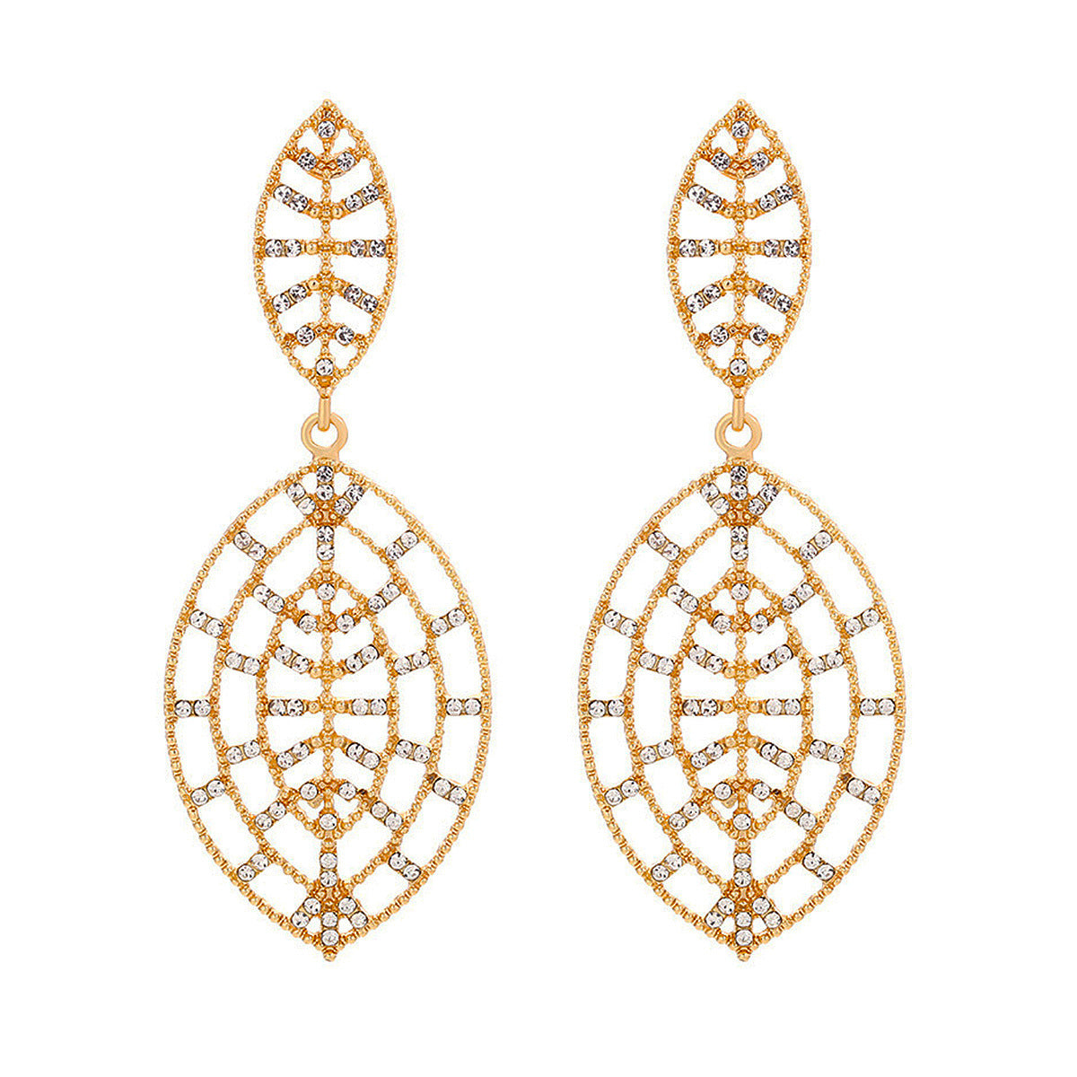 Elegant Leaf-Shaped Alloy Earrings with Rhinestone Inlay, Electroplated Finish, Geometric Design, Fashionable Women's Lightweight Luxury Ear Jewelry