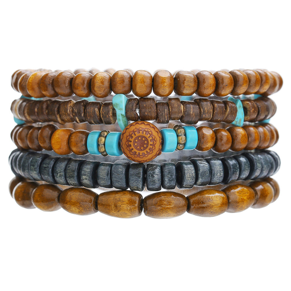 Vintage Hip-hop Round Wood Bead Alloy Multi-layer Stretch Bracelet Set