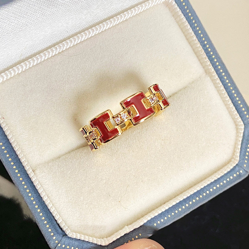 Anillo abierto con la letra H de cobre chapado en oro, estilo vintage, para mujer, con acabado esmaltado y diseño de tipografía minimalista
