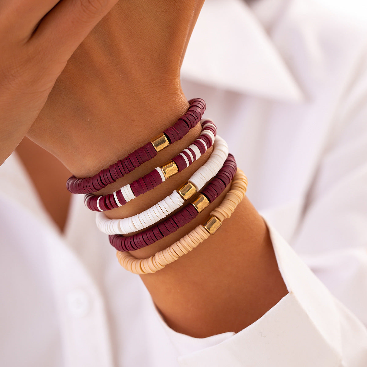 Plated Resin Beaded Bracelet Set Round Ball Design Casual Style for Women