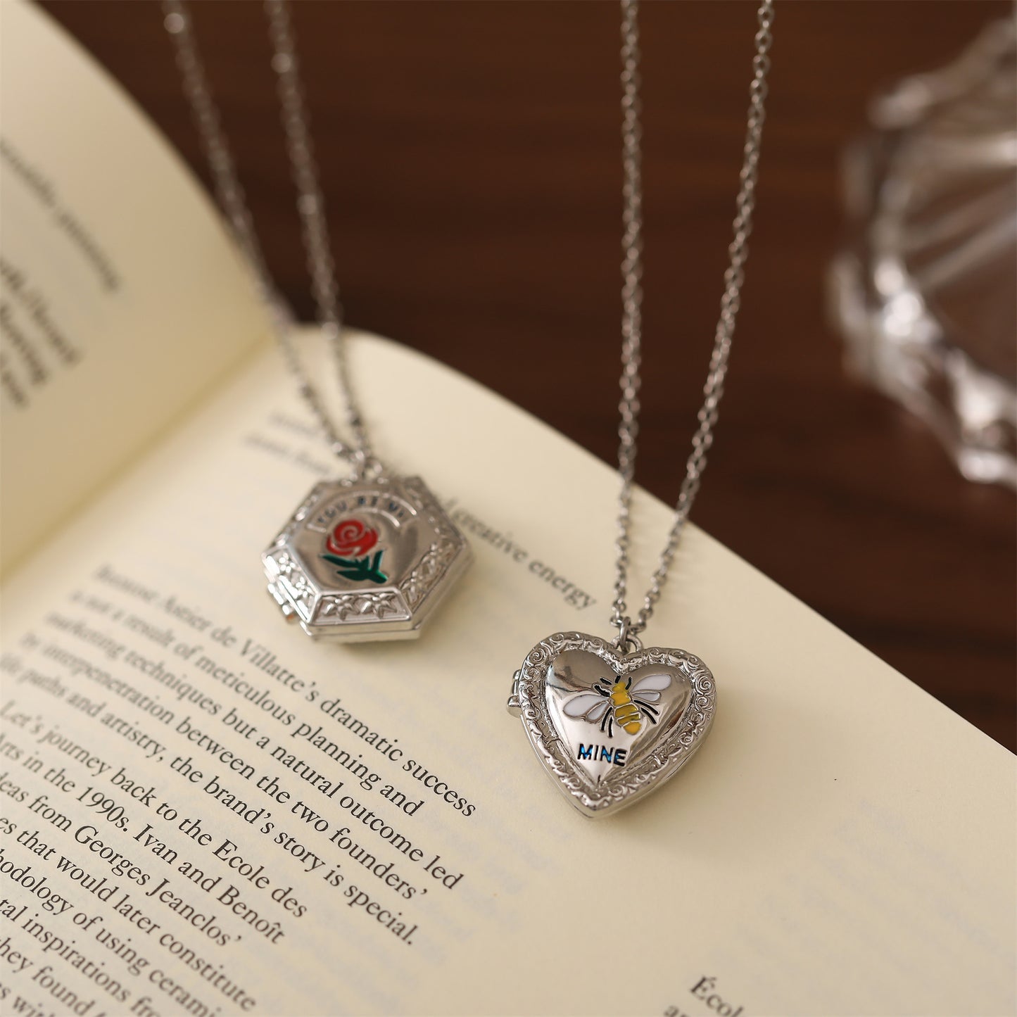 Y2K Style Moon and Rose Pendant Necklace for Women with Enamel Detailing on Copper Base Geometric Design