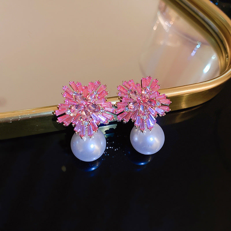 Eleganti Orecchini a Perno da Donna in Stile Francese Vintage con Zirconi Geometrici e Perle Imitazione