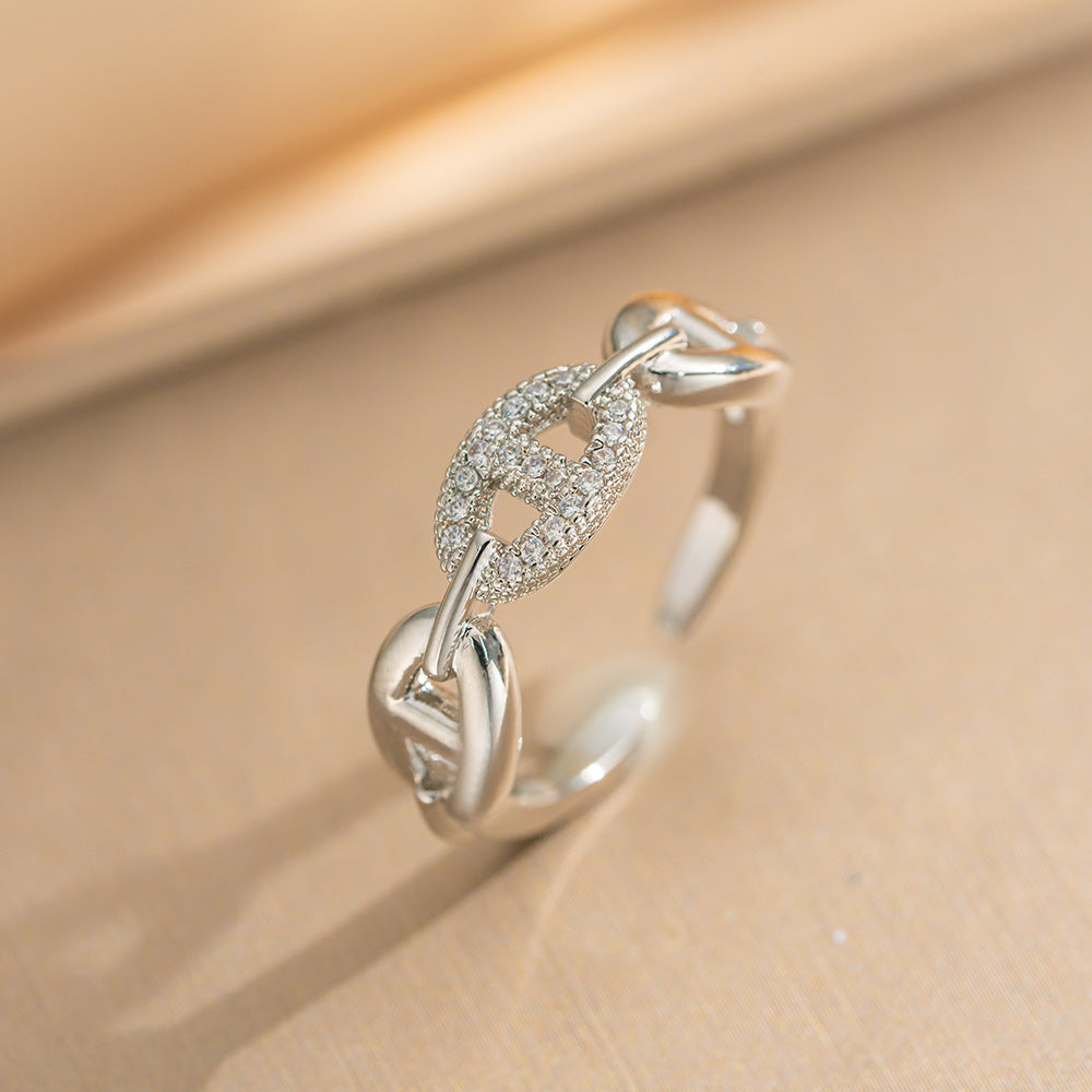 Luxury Minimalist Adjustable Open Ring for Women with Gold-Plated Copper Band and Zircon Stone Accent in Heart and Floral Shape