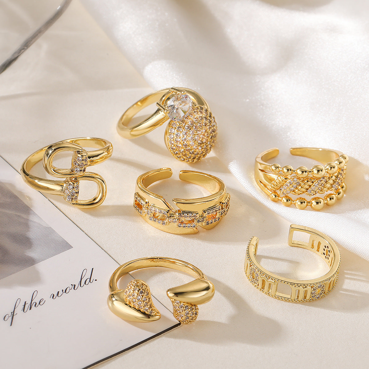 Minimalist Irregular Geometric Copper Ring with Real Gold Plating and Zircon Inlay for Women