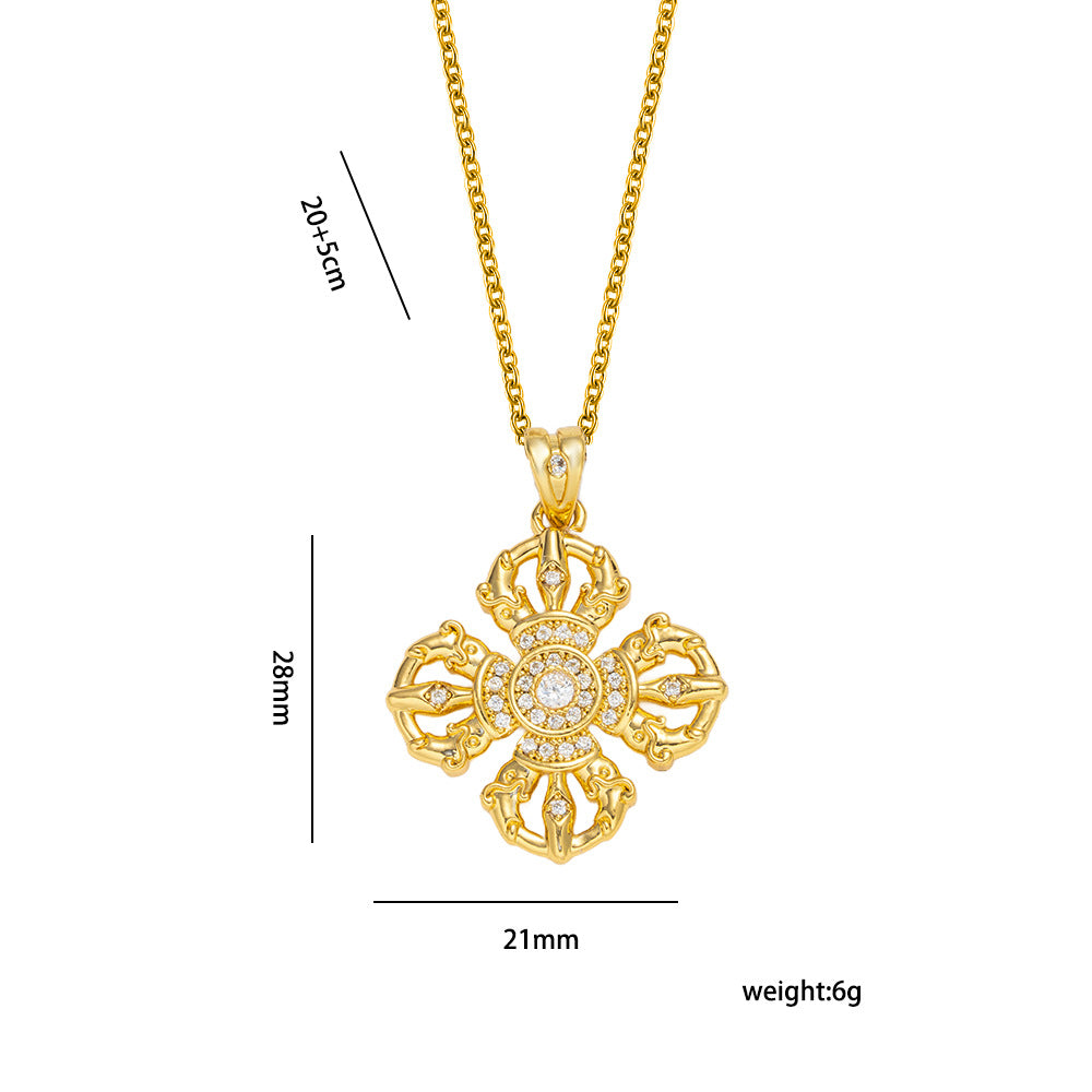 Luxury Minimalist Cross Vajra Pendant Necklace for Women in Titanium Steel with Gold Plating and Zircon Inlay on O-Chain