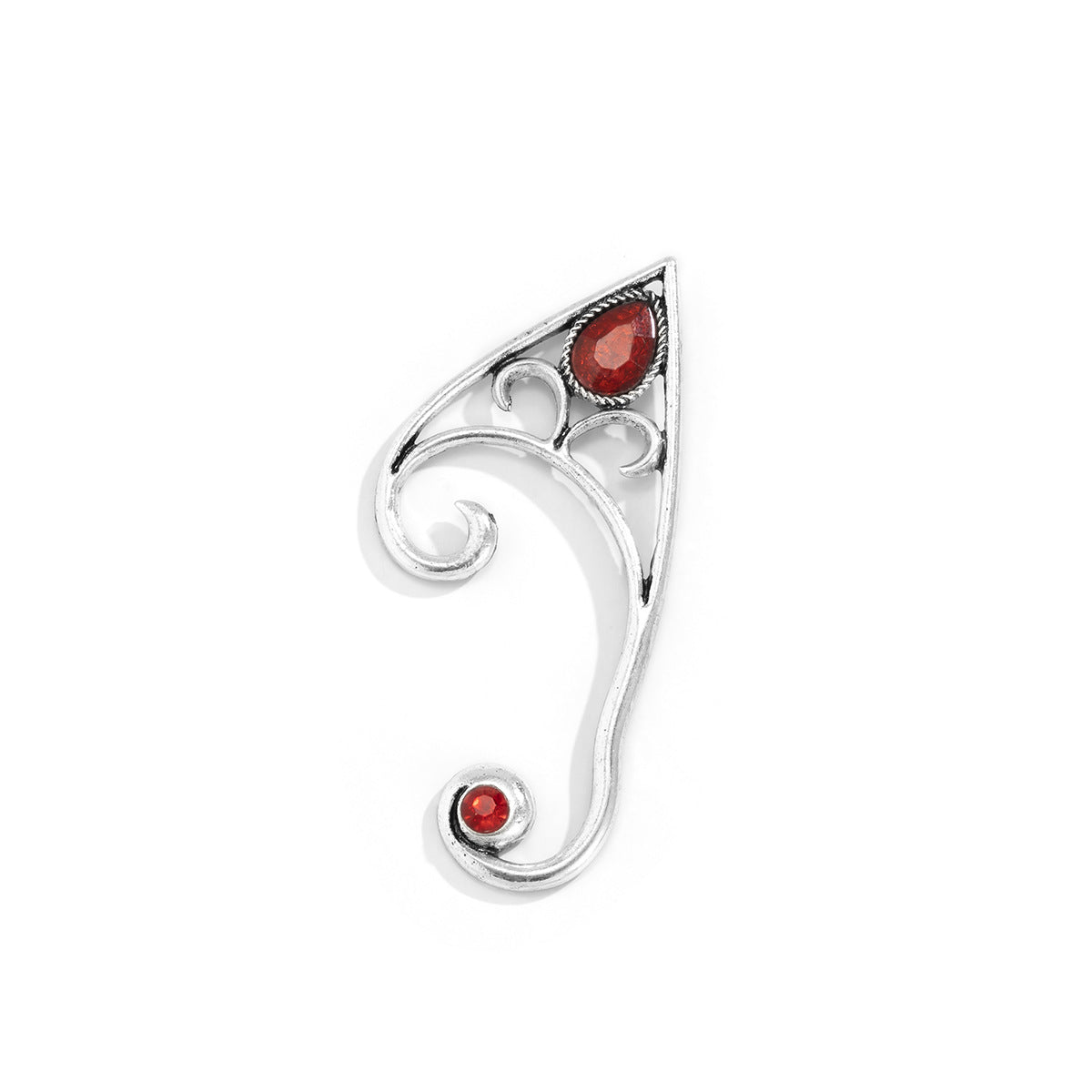 Pendiente de oreja gótico vintage con gema roja y contorno de hada para mujer, con cuerpo metálico de forma geométrica y acabado galvanizado