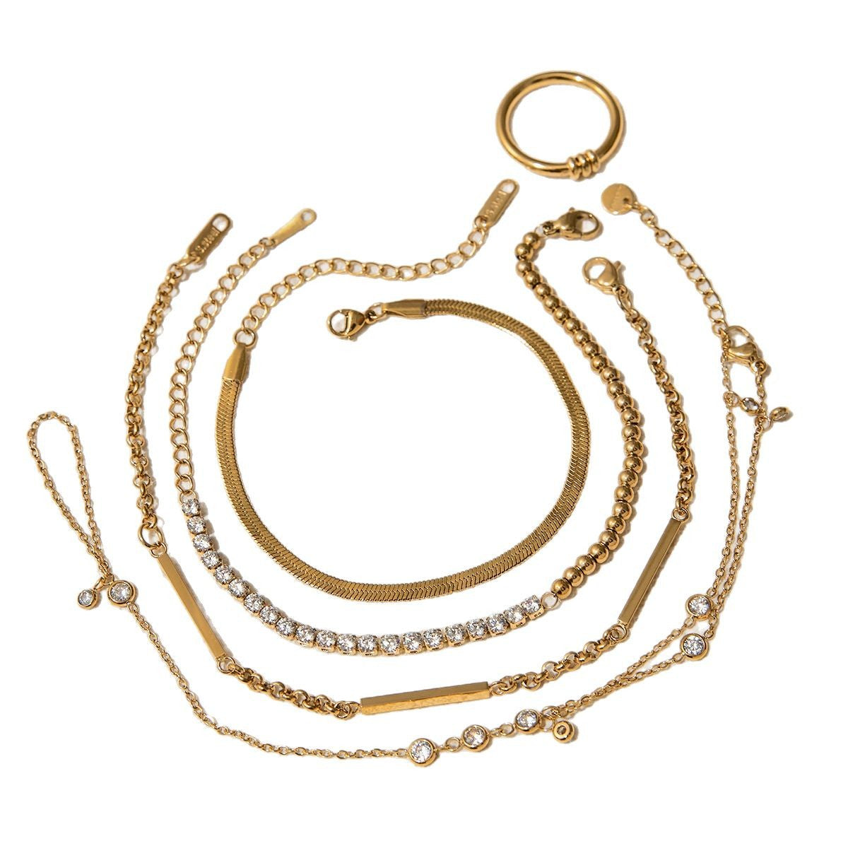 Minimalist Elegant Geometric Stainless Steel and Titanium Steel Ring Bracelet Set with Curb Chain for Women