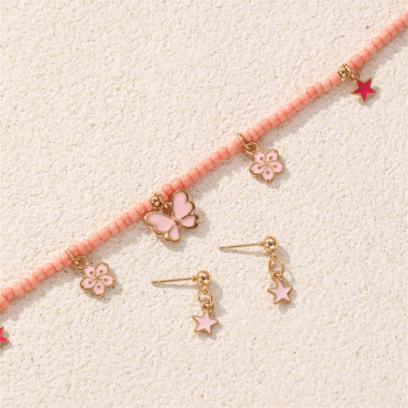 Bohemian Pink Beaded Butterfly Shell Pendant Necklace Set for Children Handmade Jewelry