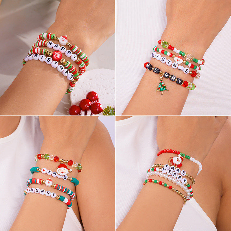 Set di Bracciali Natalizi fatti a mano in Argilla Polimerica con Ciondoli a Fiocco di Neve e Lettere per Donna