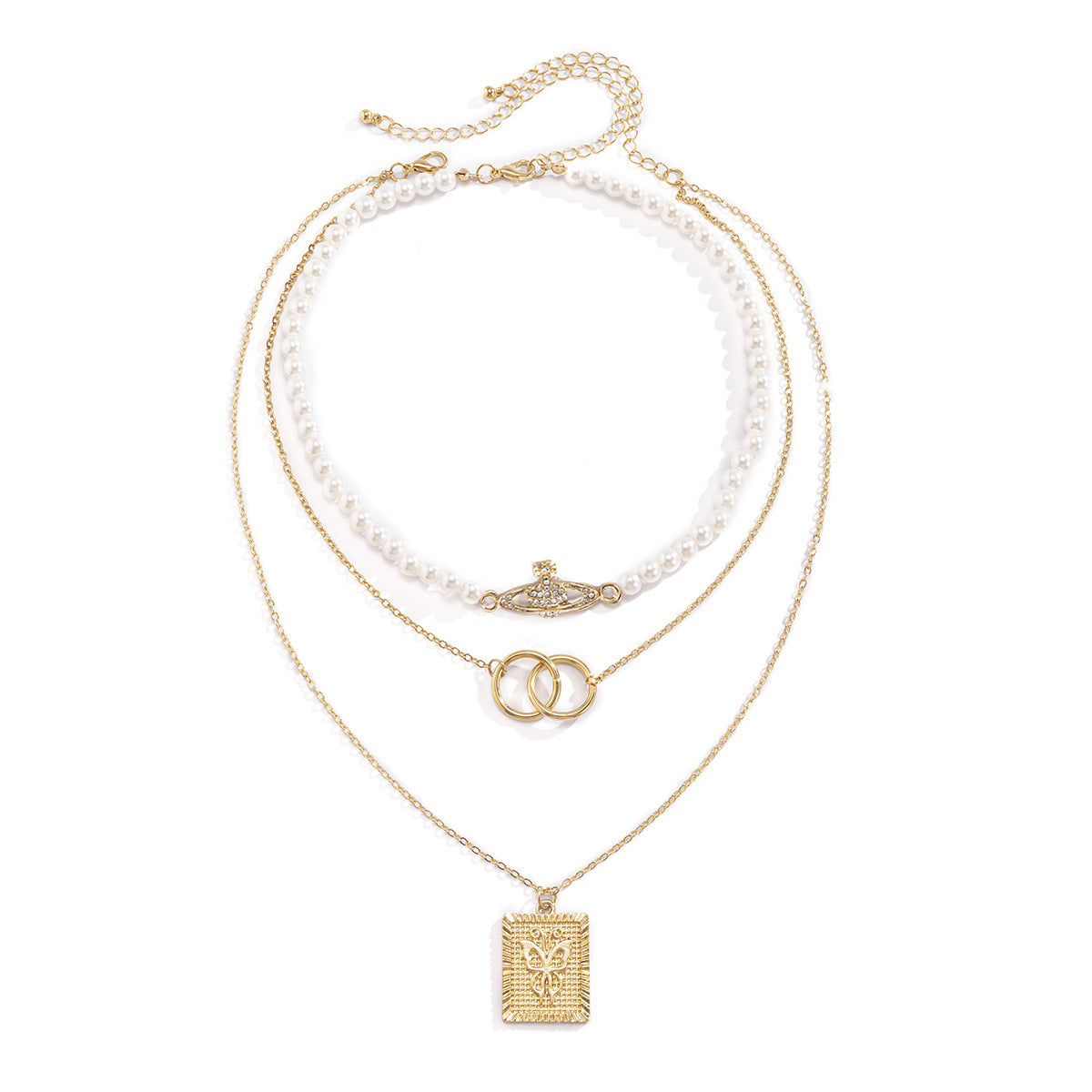 Collana geometrica a doppio anello con perline, ciondolo a forma di pianeta e farfalla con strass, gioielli placcati in lega da donna
