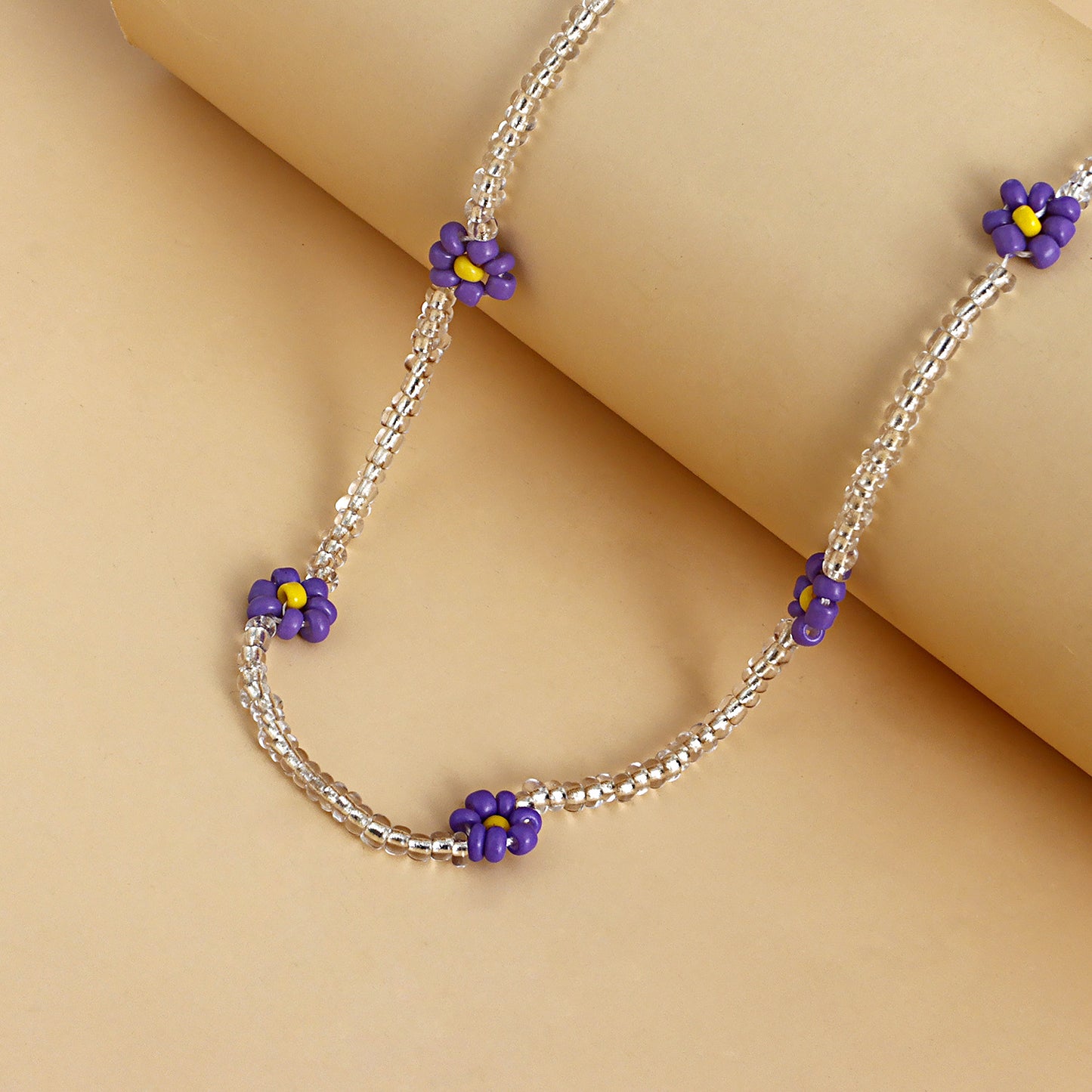 Bohemian Style Daisy Flower Pendant Necklace with Clear White Rice Beads and Geometric Accents in Alloy with Plated Finish for Women