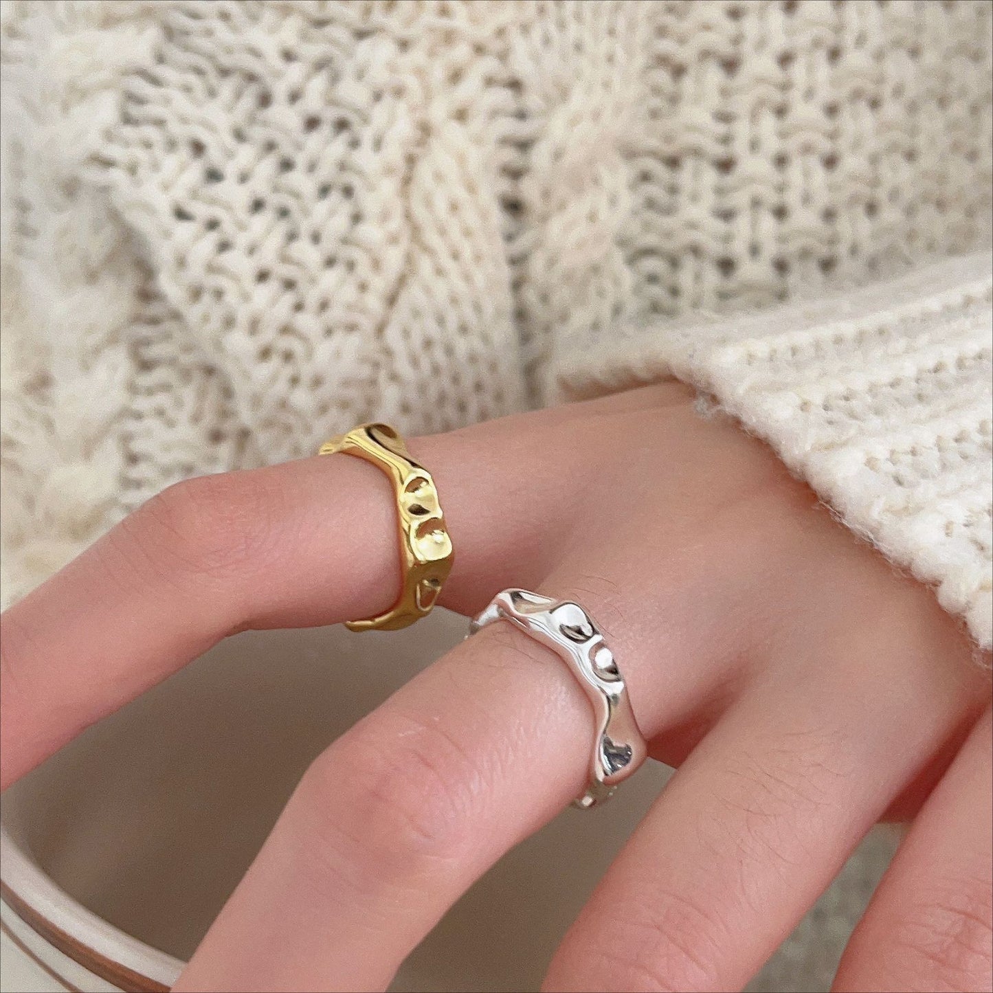 Minimalist Irregular Heart-Shaped 925 Sterling Silver Open Ring for Women with Beveled Square Grain Detail