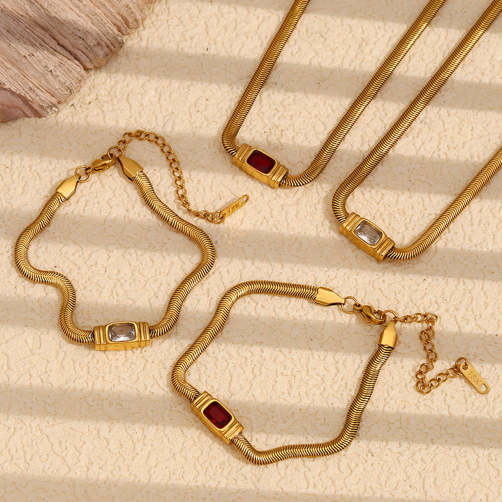 Vintage Hip Hop Geometric Stainless Steel Plated 18K Gold Snake Chain Necklace with Zircon Accents for Women