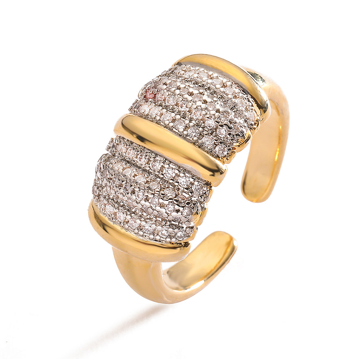 Minimalist Geometric Open Ring for Women in Brass with Micro-Paved Zirconia, Vintage-Inspired Fashion Accessory