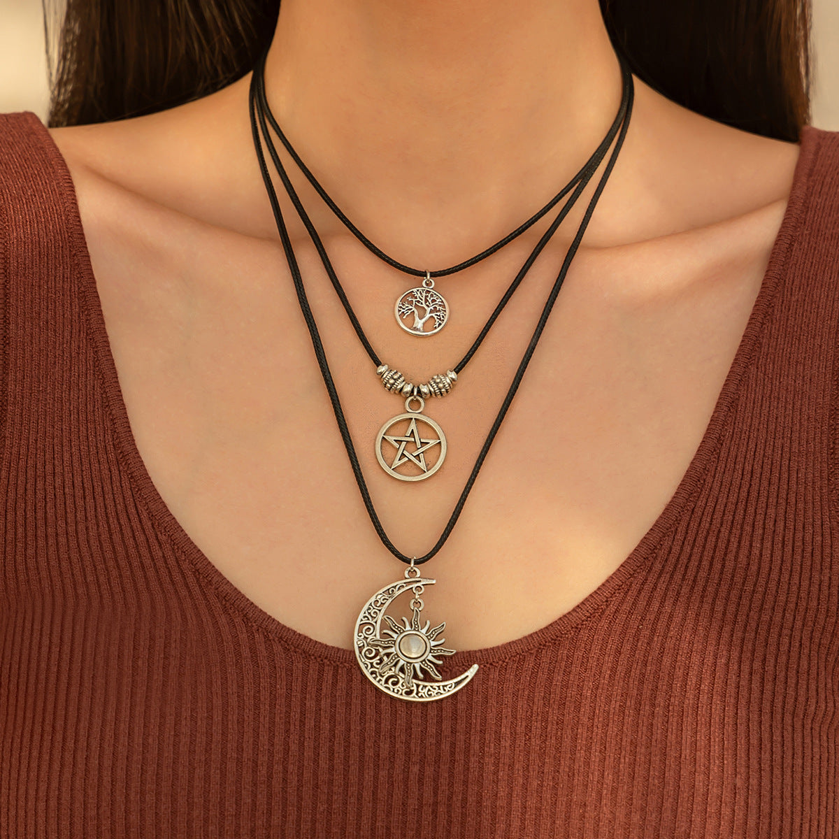 Vintage Bohemian Multi-Layer Necklace Set with Tree Pendant and Beaded Strands for Women