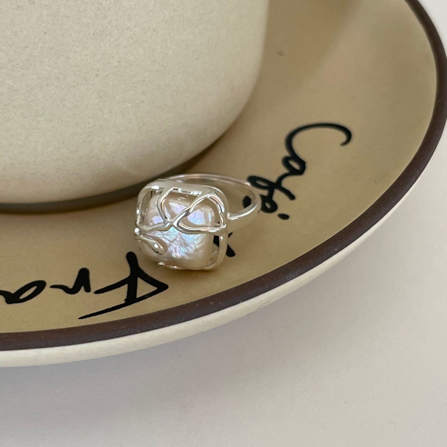 Minimalist French Style Heart-Shaped 925 Sterling Silver Ring with Pearl Inlay for Women