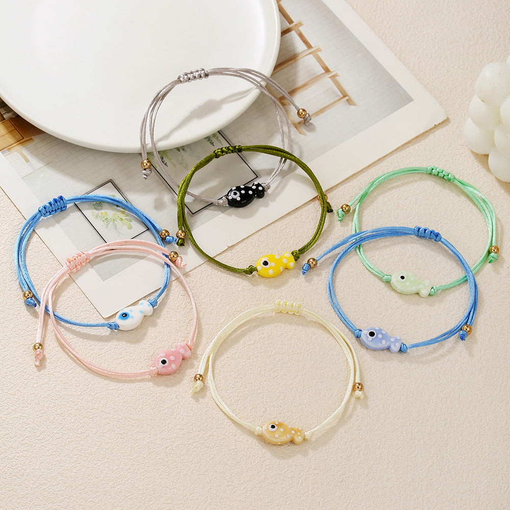 Sweet Cartoon Polka Dot Ceramic Fish Braided Bracelet Adjustable Multi-Color