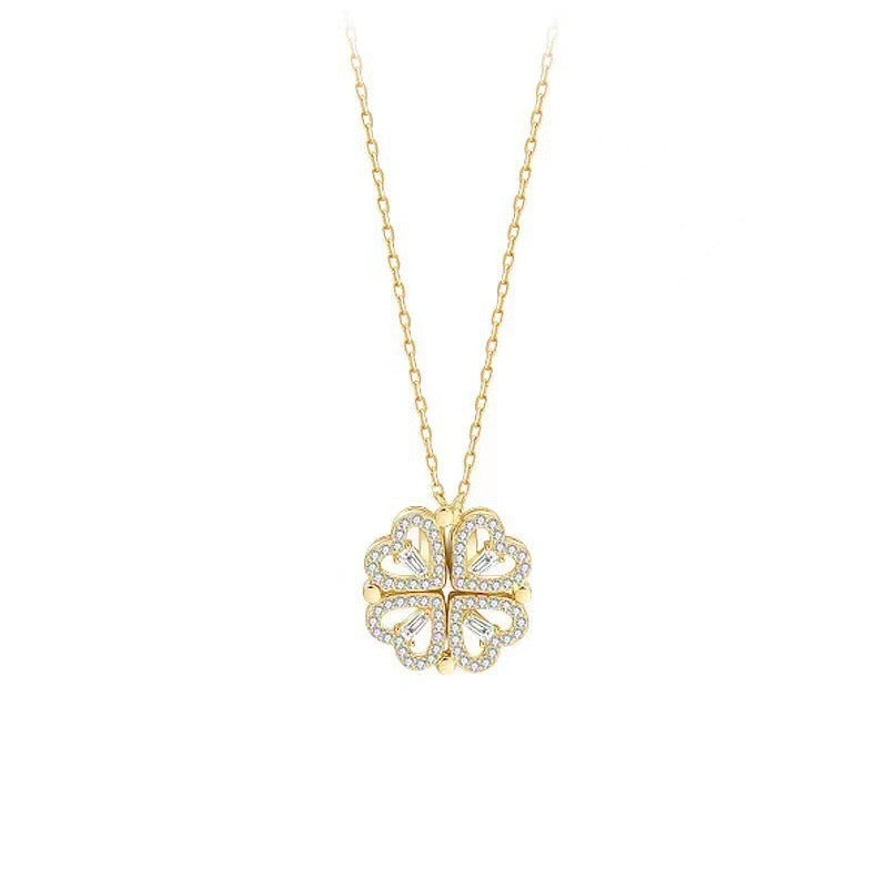 Collana da donna con ciondolo a quadrifoglio a forma di cuore minimalista, con base in rame e placcatura in oro vero
