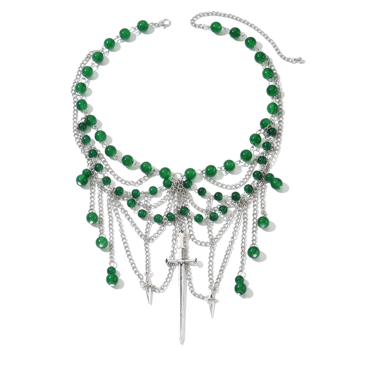 Collar gótico vintage de borlas en capas con cuentas verdes en colgante geométrico, Gargantilla artesanal para mujer