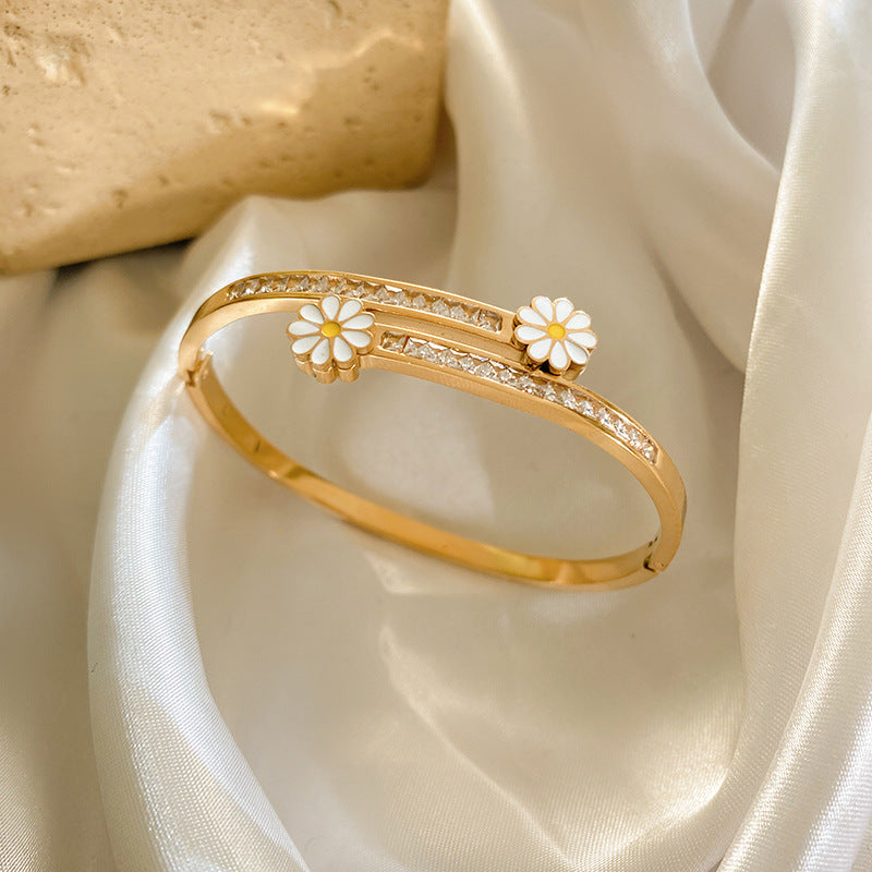 Vintage Diamond Floral Plated Titanium Steel Cuff Bracelet for Women