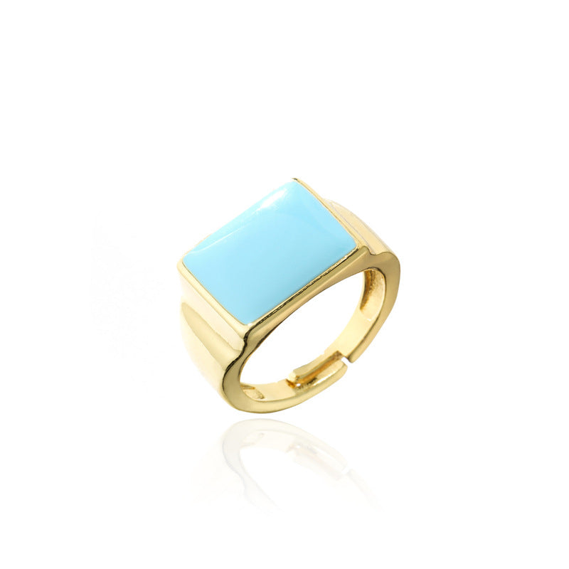 Geometric Square Gold Plated Drip Oil Brass Open Ring for Women